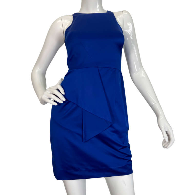 Load image into Gallery viewer, Milly Royal Blue Silk-like Dress is a chic and vibrant cobalt blue sleeveless dress with a structured design full front view
