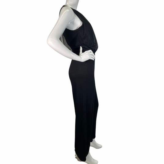 Trina Turk Black Sleek and Stylish Jumpsuit featuring a textured mesh overlay on the bodice for added dimension and elegance - full side view