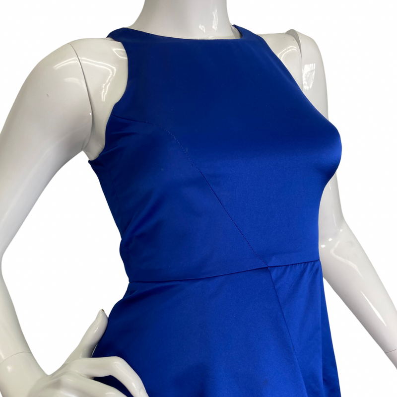 Load image into Gallery viewer, Milly Royal Blue Silk-like Dress is a chic and vibrant cobalt blue sleeveless dress with a structured design close-up view
