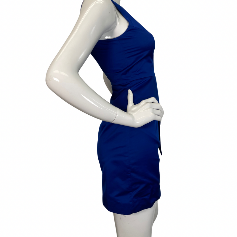 Load image into Gallery viewer, Milly Royal Blue Silk-like Dress is a chic and vibrant cobalt blue sleeveless dress with a structured design side view
