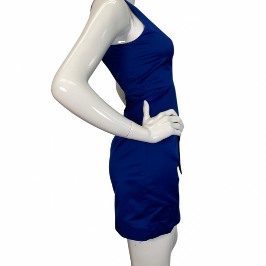 Milly Royal Blue Silk-like Dress is a chic and vibrant cobalt blue sleeveless dress with a structured design side view