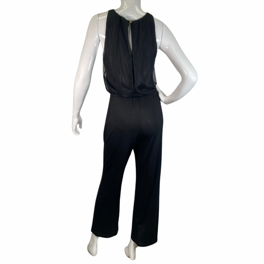 Trina Turk Black Sleek and Stylish Jumpsuit featuring a textured mesh overlay on the bodice for added dimension and elegance - full backside view