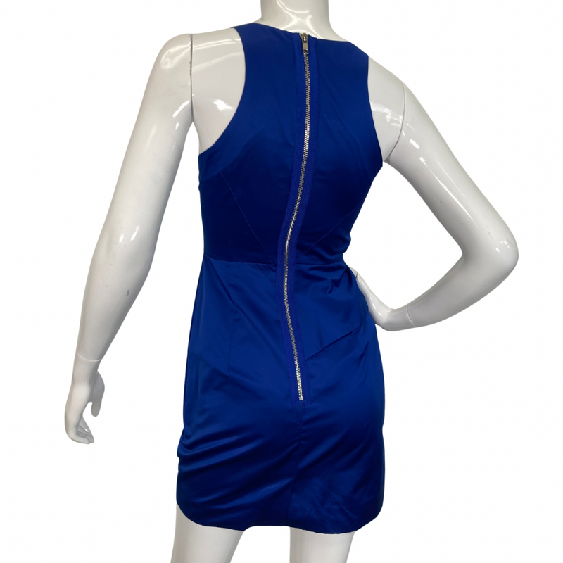 Load image into Gallery viewer, Milly Royal Blue Silk-like Dress is a chic and vibrant cobalt blue sleeveless dress with a structured design backside view
