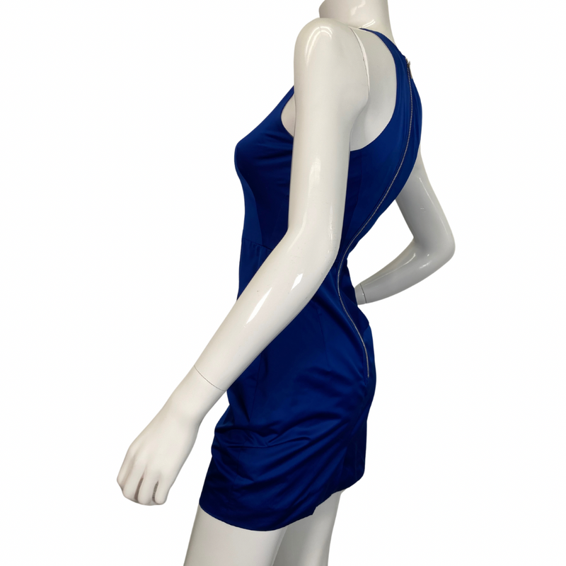 Load image into Gallery viewer, Milly Royal Blue Silk-like Dress is a chic and vibrant cobalt blue sleeveless dress with a structured design side view
