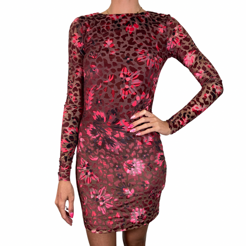 stylish Ted Baker Pink Floral Leopard bodycon dress, features a unique floral and abstract print in shades of pink, burgundy, and brown front view