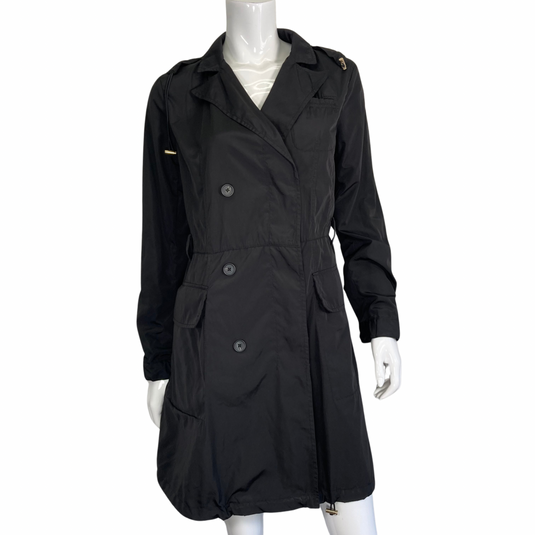 Henri Bendel Black Sleek Trench Raincoat front view closed buttons