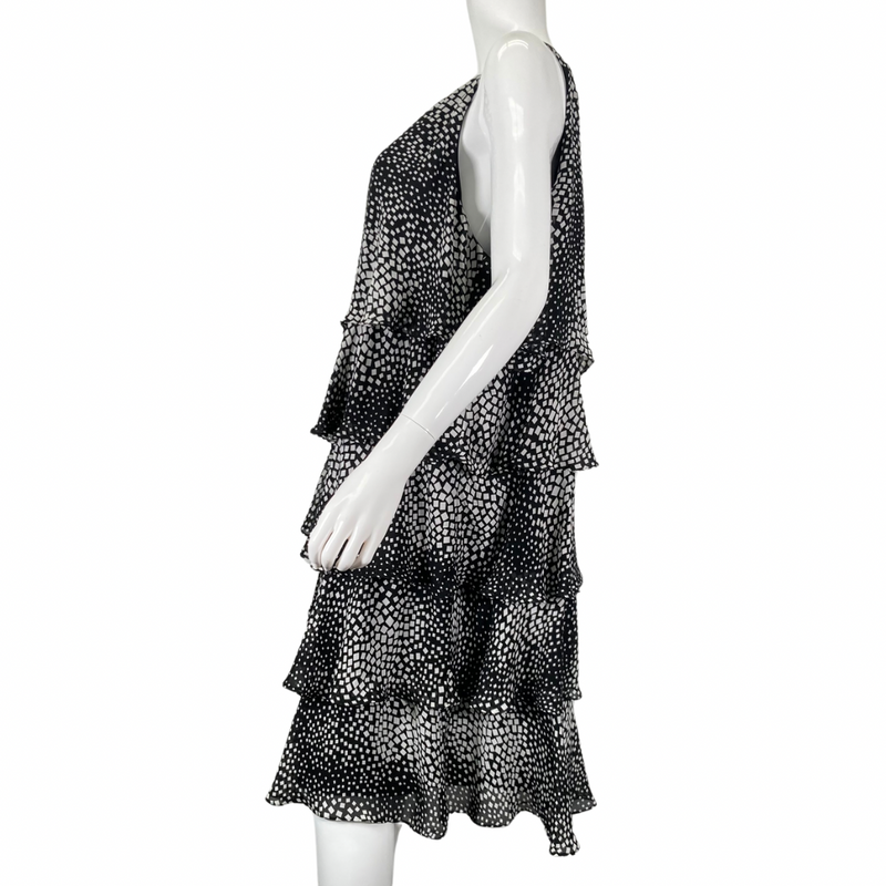 Load image into Gallery viewer, S.L. Fashions charming and playful black and white ruffle dress side view
