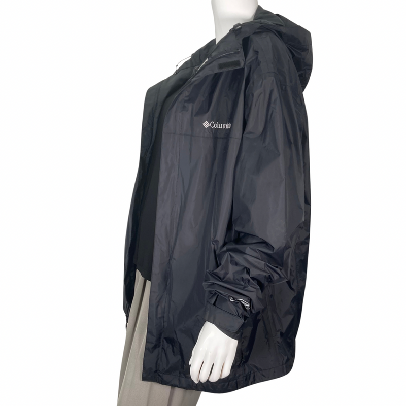 Load image into Gallery viewer, Lightweight Columbia Black Rain Jacket raincoat with a hood, side view
