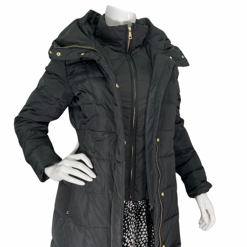 Load image into Gallery viewer, Luxurious and stylish Cole Haan Long Black Down Coat, close-up view inner zipper closed
