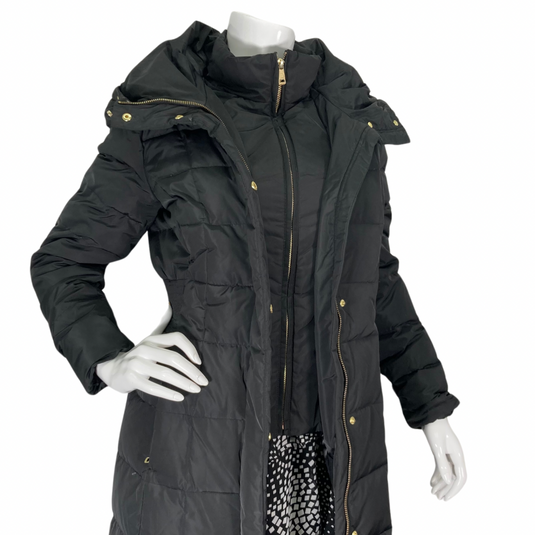 Luxurious and stylish Cole Haan Long Black Down Coat, close-up view inner zipper closed