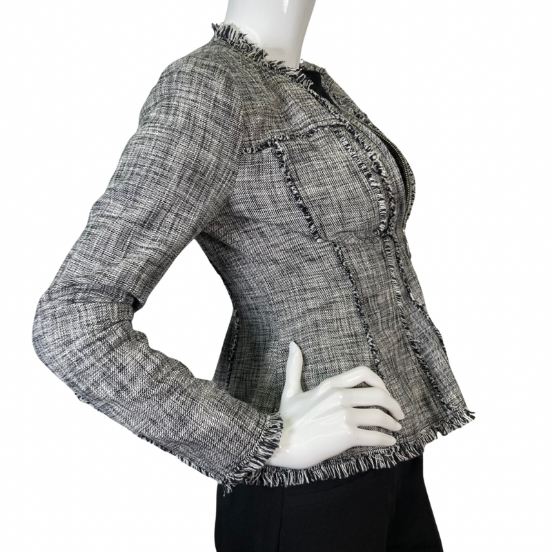 Load image into Gallery viewer, Rebecca Taylor Tweed Zipper Blazer features a textured plaid, side view, zipped
