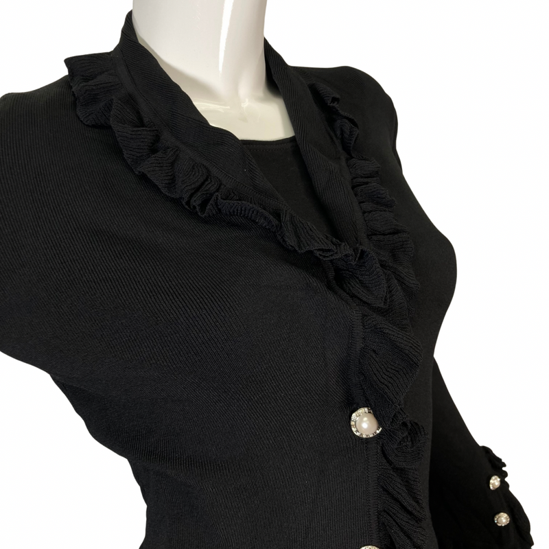 Load image into Gallery viewer, Stylish BCBG Maxazria Black Cardigan with Fur hood close up view
