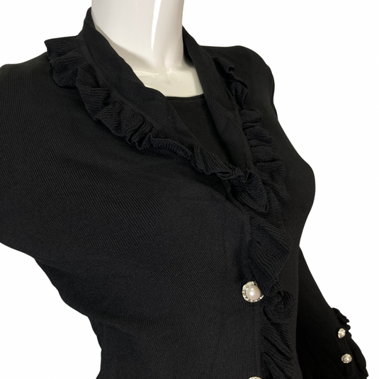 Stylish BCBG Maxazria Black Cardigan with Fur hood close up view