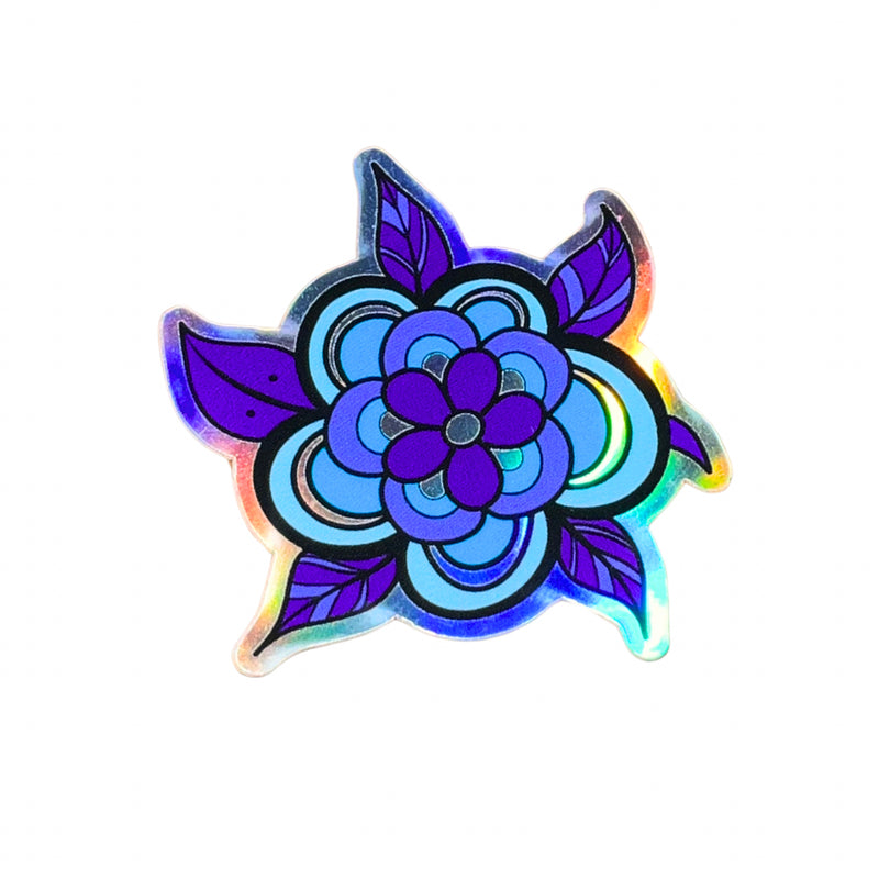 Load image into Gallery viewer, a small turtle sticker with a flower as it&#39;s shell on holographic material using blues and purples
