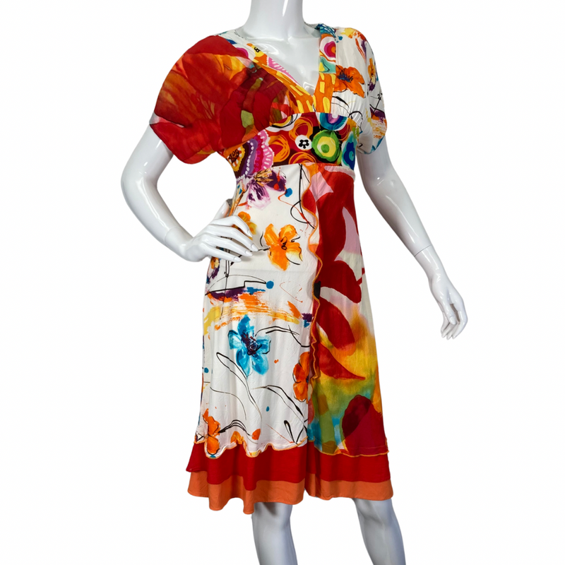 Load image into Gallery viewer, Jam&#39;s World Colorful Abstract Dress with V flattering V. Neckline front view
