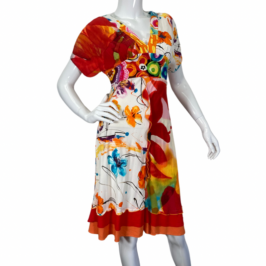 Jam's World Colorful Abstract Dress with V flattering V. Neckline front view