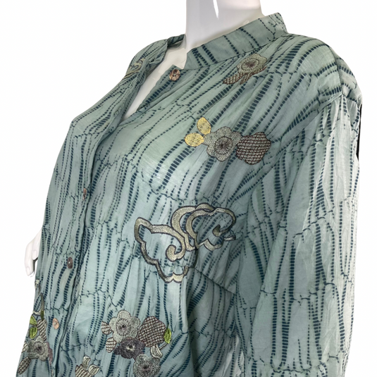 Citron Turquoise Blouse with Embroidered Flowers