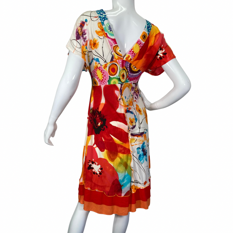 Load image into Gallery viewer, Jam&#39;s World Colorful Abstract Dress with V flattering V. Neckline backside view
