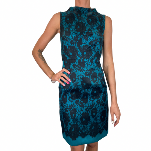 Milly Teal Dress with Black Lace Pattern - sophisticated sleeveless sheath dress featuring a striking teal base with a black floral lace overlay for an elegant and timeless look - front view