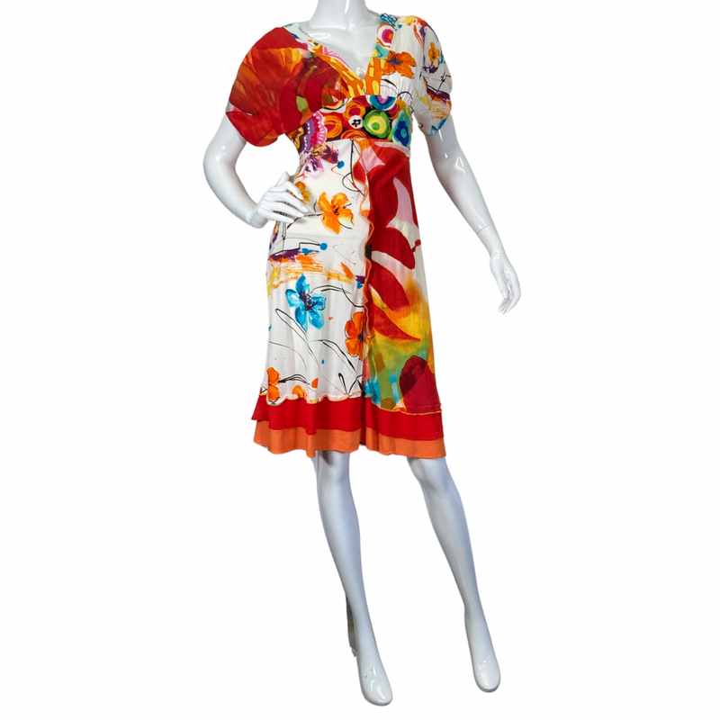 Load image into Gallery viewer, Jam&#39;s World Colorful Abstract Dress with V flattering V. Neckline full length front view
