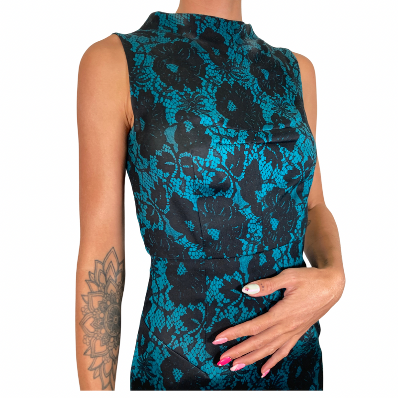 Load image into Gallery viewer, Milly Teal Dress with Black Lace Pattern - sophisticated sleeveless sheath dress featuring a striking teal base with a black floral lace overlay for an elegant and timeless look - side view close up
