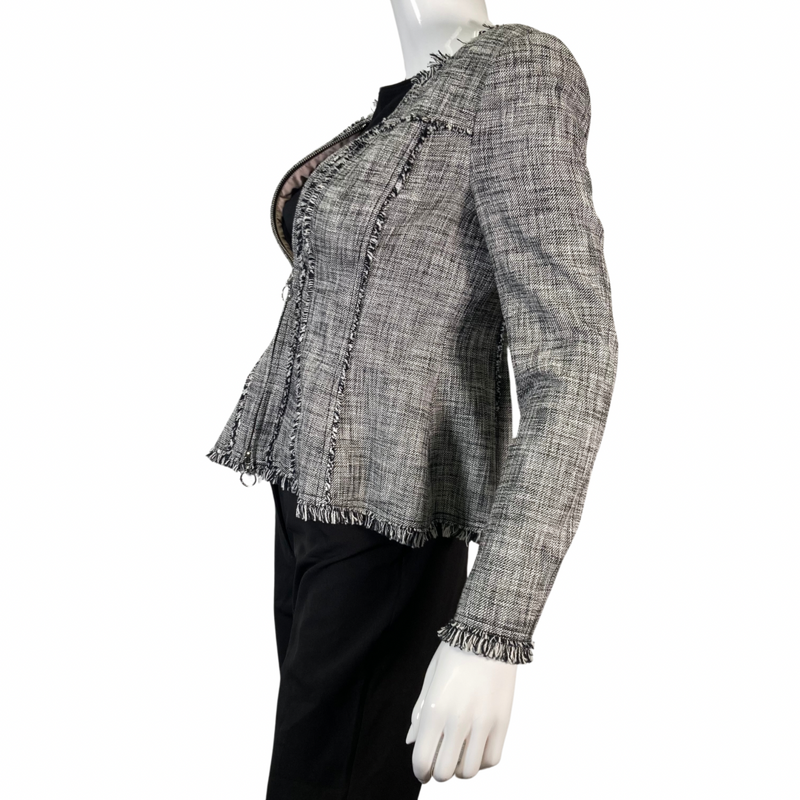 Load image into Gallery viewer, Rebecca Taylor Tweed Zipper Blazer features a textured plaid, side view, zipped
