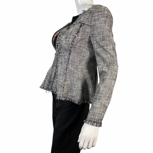 Rebecca Taylor Tweed Zipper Blazer features a textured plaid, side view, zipped