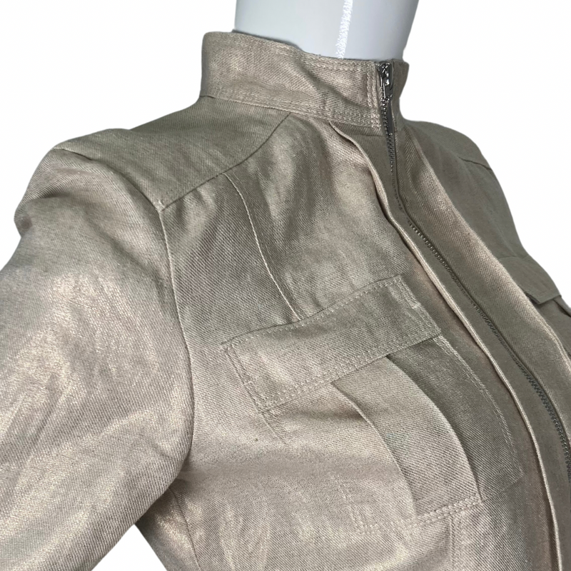 Load image into Gallery viewer, Per Se by Carlise Golden Shimmer Blazer-Jacket closed zipper, close up view
