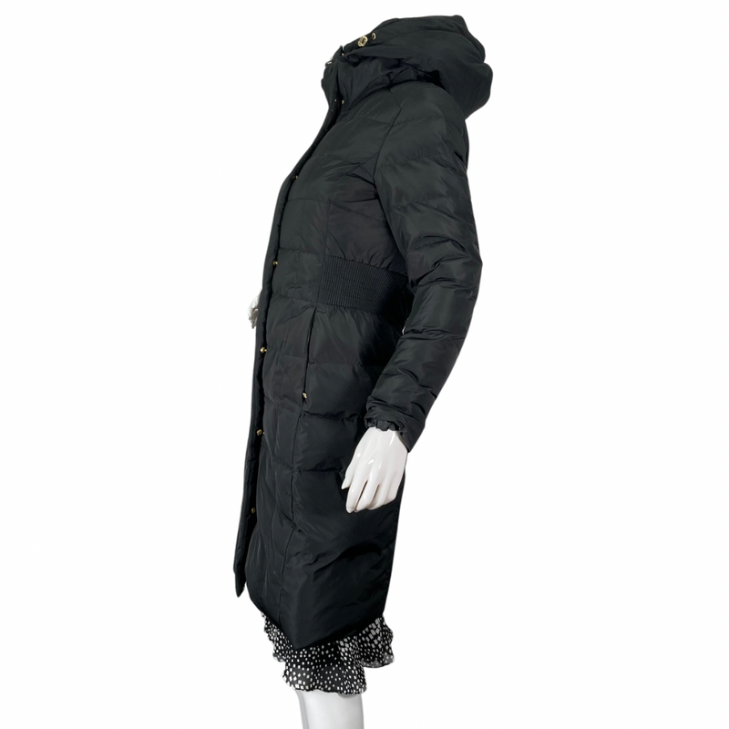 Load image into Gallery viewer, Luxurious and stylish Cole Haan Long Black Down Coat, side view zipper closed
