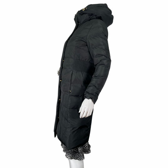 Luxurious and stylish Cole Haan Long Black Down Coat, side view zipper closed