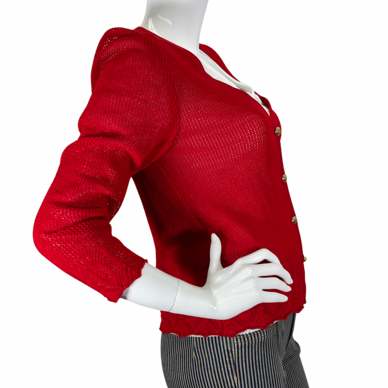 Load image into Gallery viewer, St. John Sports Open-Knit Pattern Red Cardigan side view
