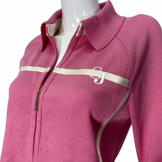 St. John Pink Sport Jacket in a fun, vibrant pink - front view, close up and monogram  