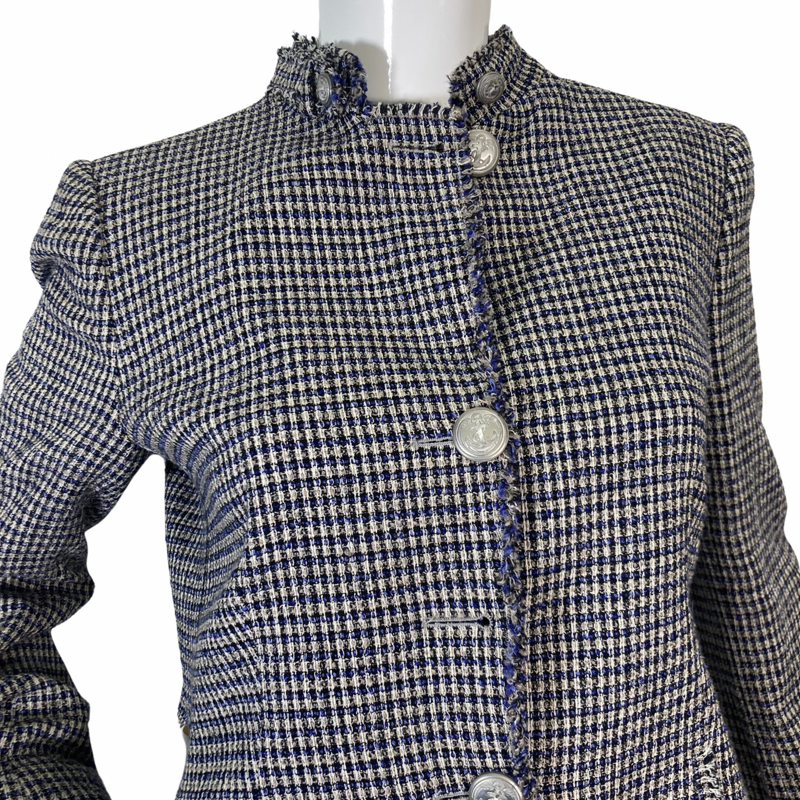 Load image into Gallery viewer, classic causal Armani Collezioni Tweed Blue and White Blazer front view detail of the chest design
