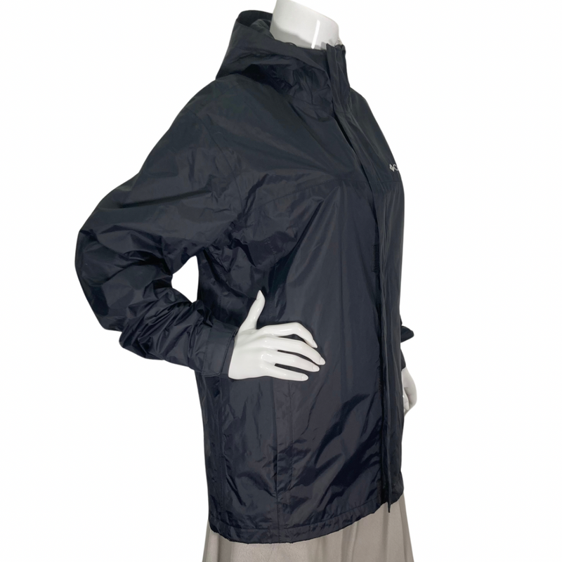 Load image into Gallery viewer, Lightweight Columbia Black Rain Jacket raincoat with a hood, side view
