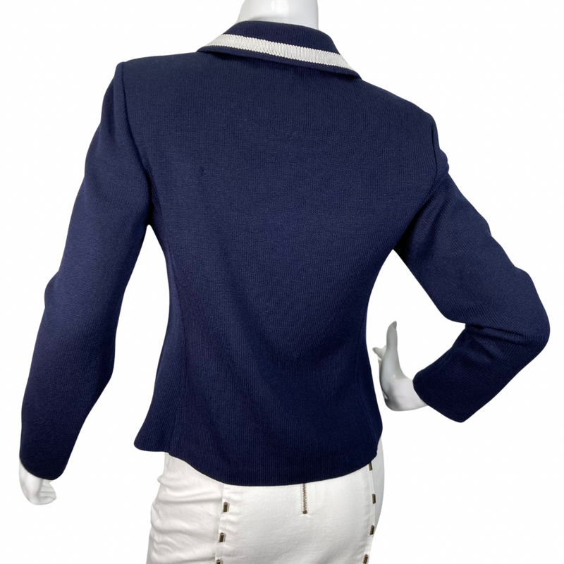 Load image into Gallery viewer,  sleek Knitted St. John Collection Zip-up Navy Jacket backside view
