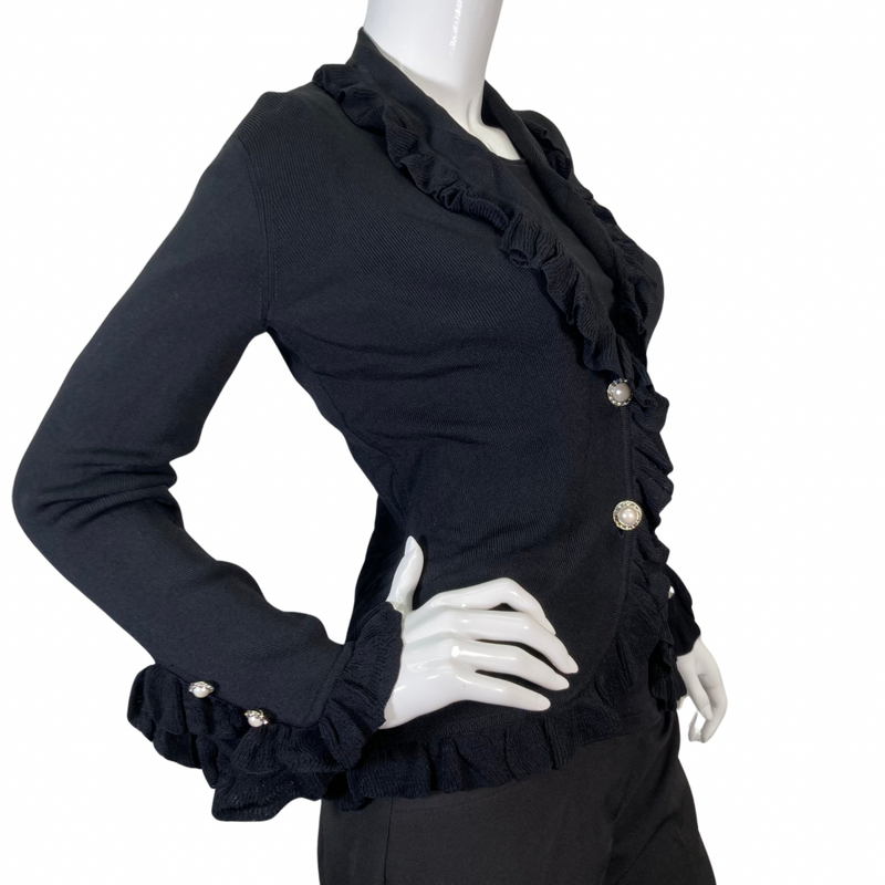 Load image into Gallery viewer, Stylish BCBG Maxazria Black Cardigan with Fur hood, side view
