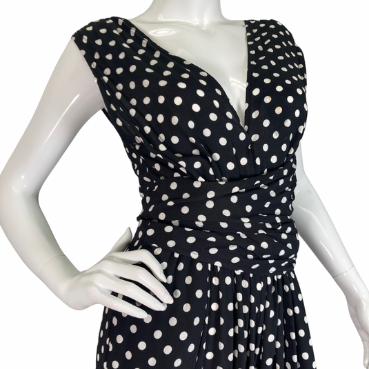 chic black sleeveless Kate Spade Polka Dots black and White Overall - close-up front view of the V-neckline