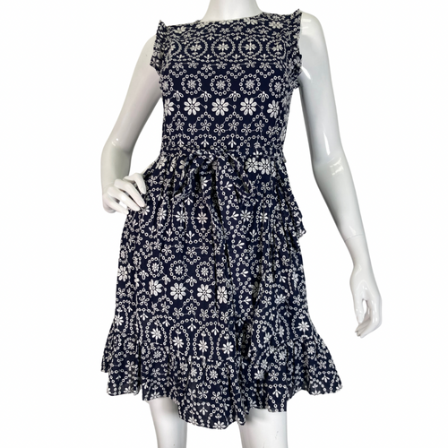 Kate Spade Navy Blue Dress with White Embroidered Florals - charming sleeveless dress featuring an intricate white floral and geometric pattern for a playful yet elegant look front view