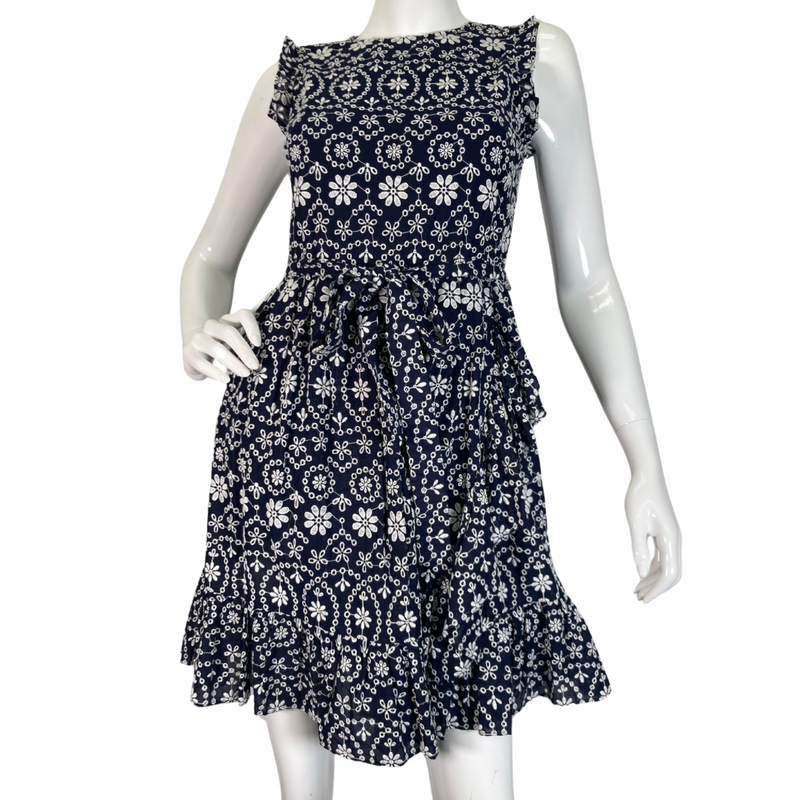 Load image into Gallery viewer, Kate Spade Navy Blue Dress with White Embroidered Florals - charming sleeveless dress featuring an intricate white floral and geometric pattern for a playful yet elegant look front view
