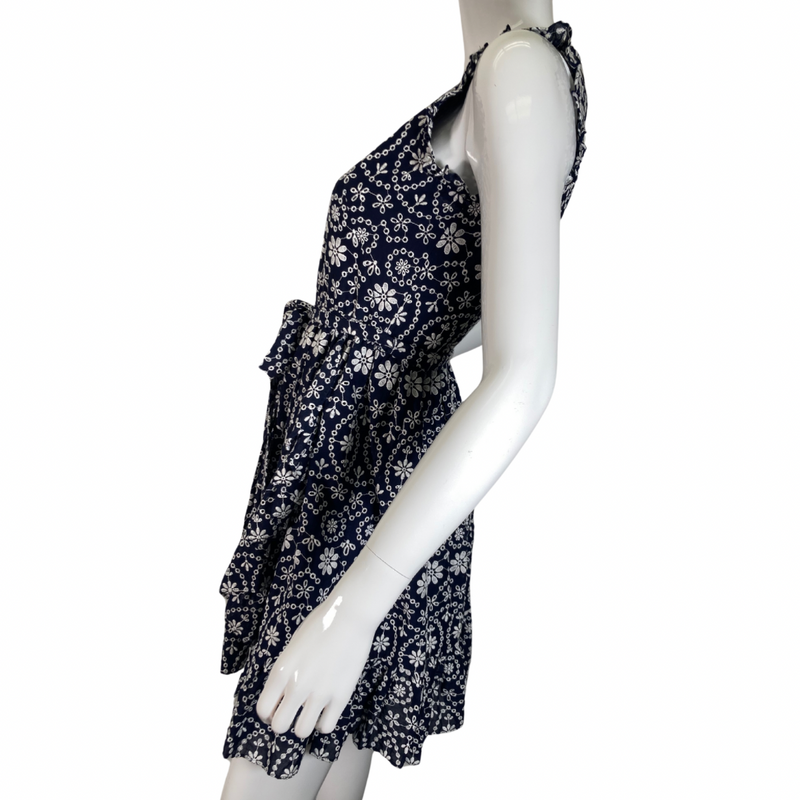 Load image into Gallery viewer, Kate Spade Navy Blue Dress with White Embroidered Florals - charming sleeveless dress featuring an intricate white floral and geometric pattern for a playful yet elegant look - side view
