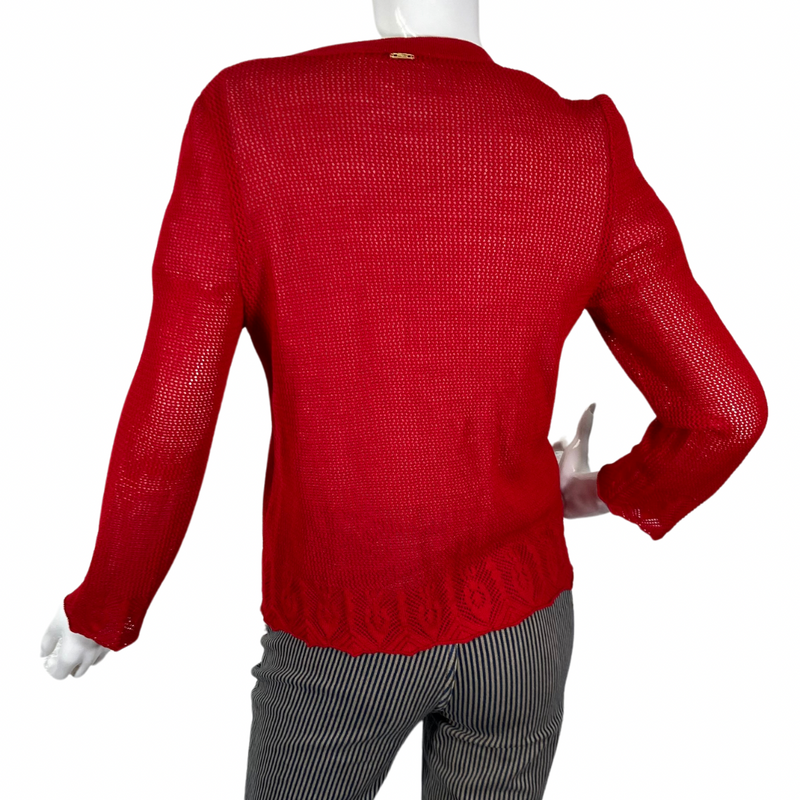 Load image into Gallery viewer, St. John Sports Open-Knit Pattern Red Cardigan backside view
