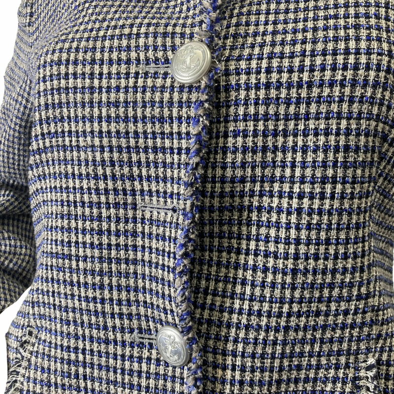 Load image into Gallery viewer, classic causal Armani Collezioni Tweed Blue and White Blazer missing button
