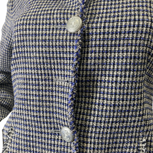 classic causal Armani Collezioni Tweed Blue and White Blazer missing button