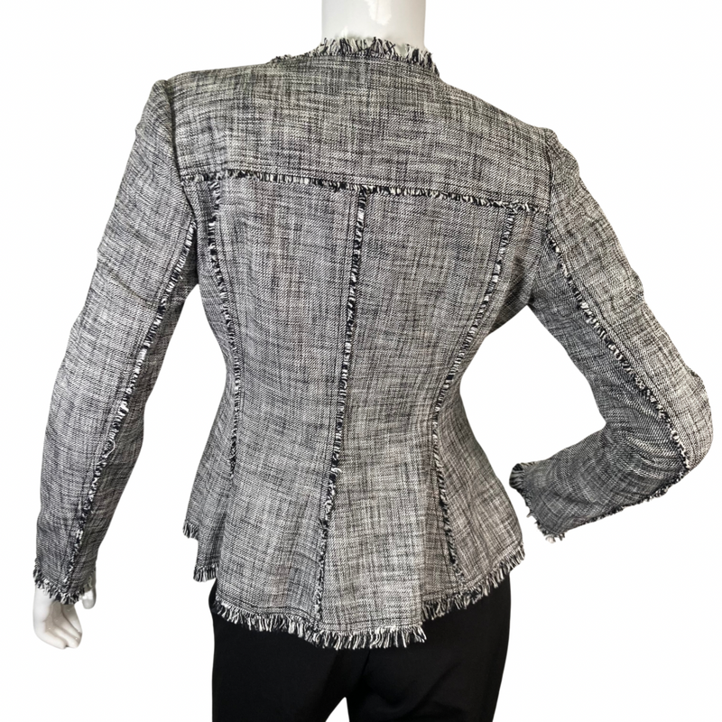 Load image into Gallery viewer, Rebecca Taylor Tweed Zipper Blazer features a textured plaid, backside view, zipped
