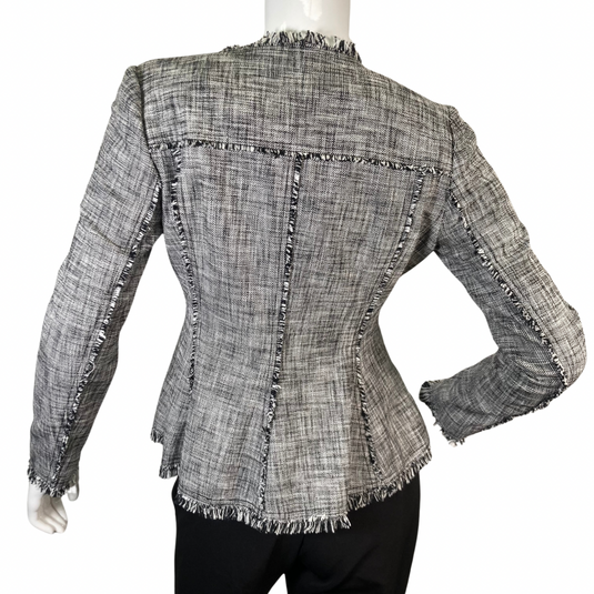 Rebecca Taylor Tweed Zipper Blazer features a textured plaid, backside view, zipped