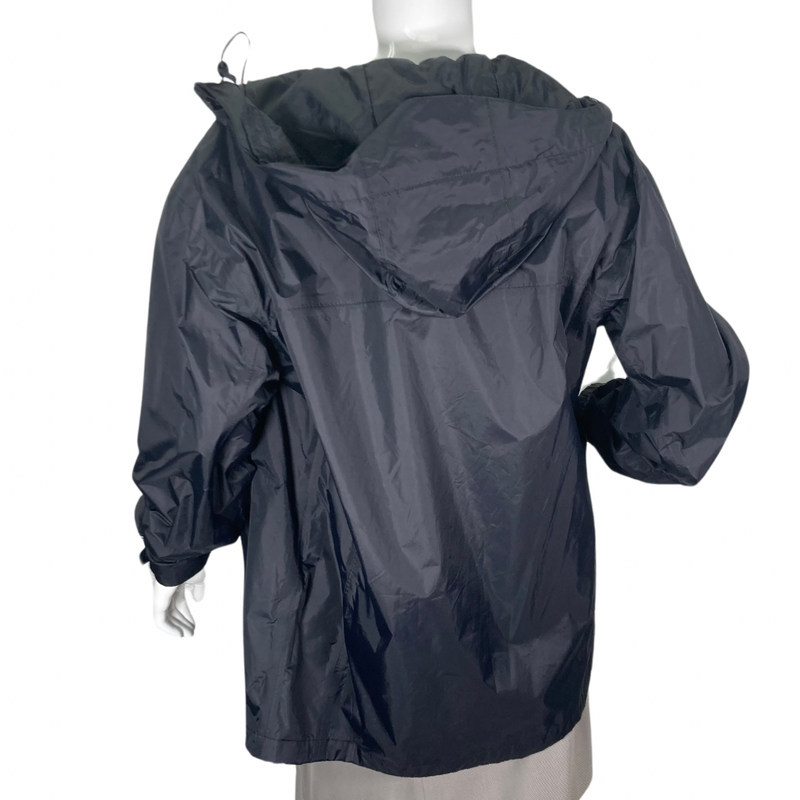 Load image into Gallery viewer, Lightweight Columbia Black Rain Jacket raincoat with a hood, backside view
