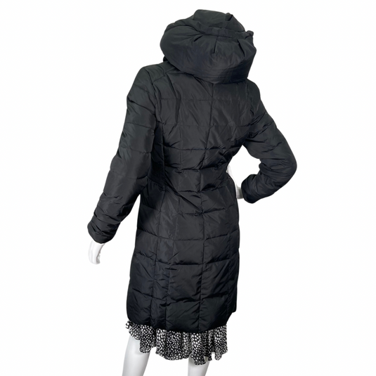 Luxurious and stylish Cole Haan Long Black Down Coat, backside view zipper closed