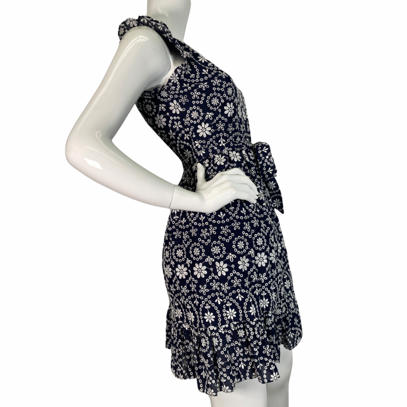 Load image into Gallery viewer, Kate Spade Navy Blue Dress with White Embroidered Florals - charming sleeveless dress featuring an intricate white floral and geometric pattern for a playful yet elegant look - side view
