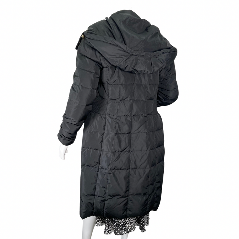 Load image into Gallery viewer, Luxurious and stylish Cole Haan Long Black Down Coat, backside view zipper opened
