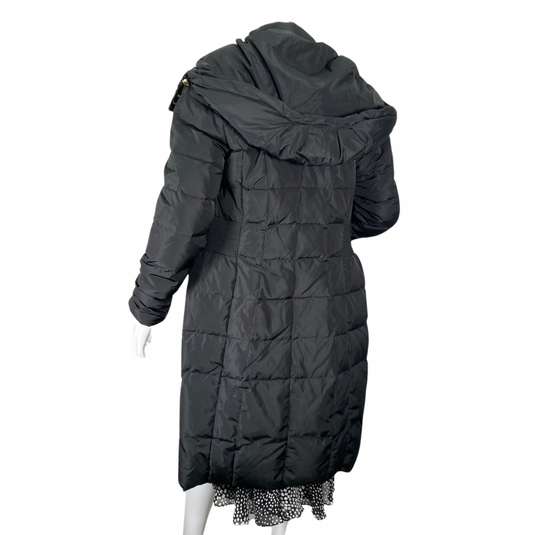 Luxurious and stylish Cole Haan Long Black Down Coat, backside view zipper opened